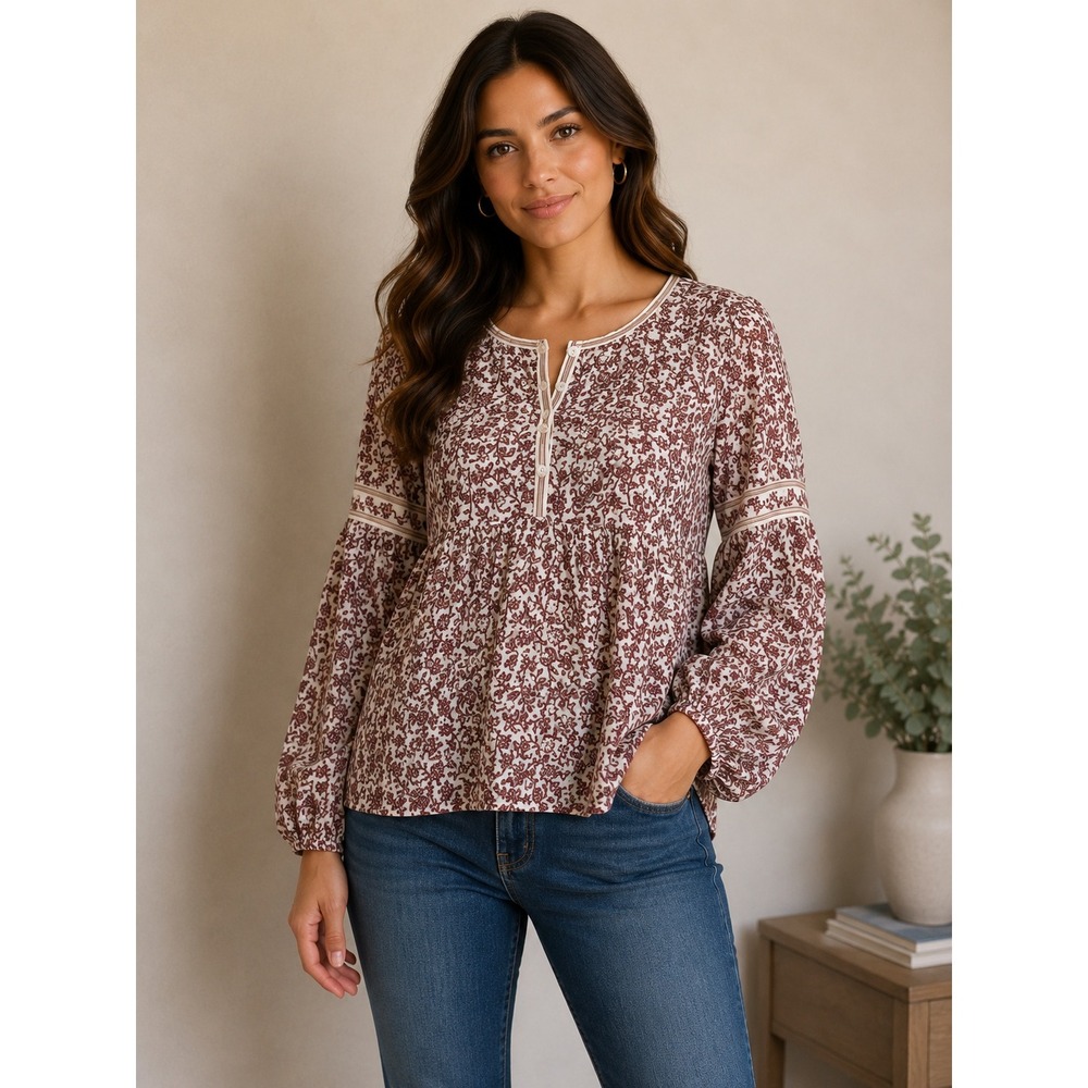 Max Studio Womens XS Burgundy Floral Chiffon Henley Balloon Sleeve Blouse